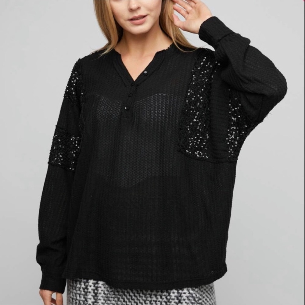 Davi&Dani Black Sequin Waffle Top Size 1X - Picture 6 of 10